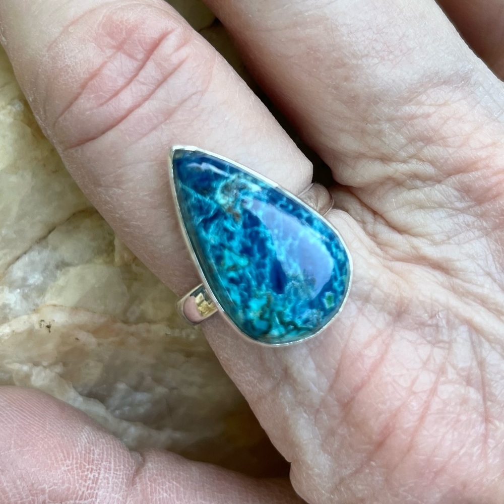 Azurite and Chrysocolla teardrop cabochon 925 sterling silver ring size 8, NWT